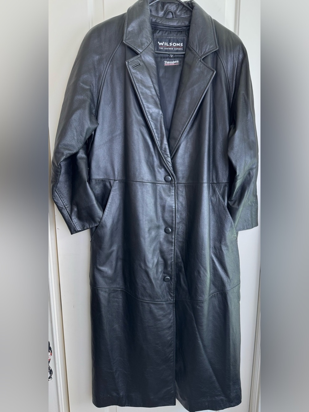 Vintage Wilsons Black Leather Long Trench Coat Thinsulate Women’s M